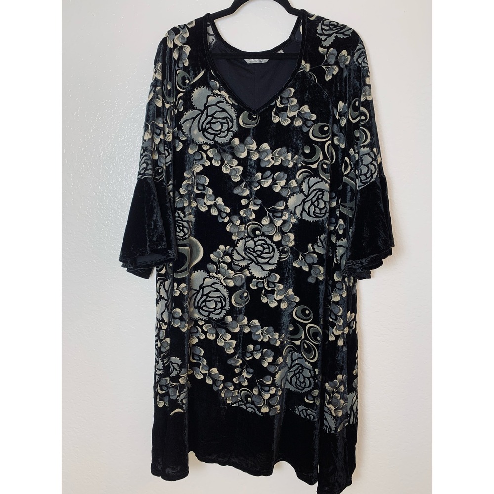 Ulla Popken Velvet Burnout Dress Womens 20/22 Black Grey Floral Bell Sleeve Goth